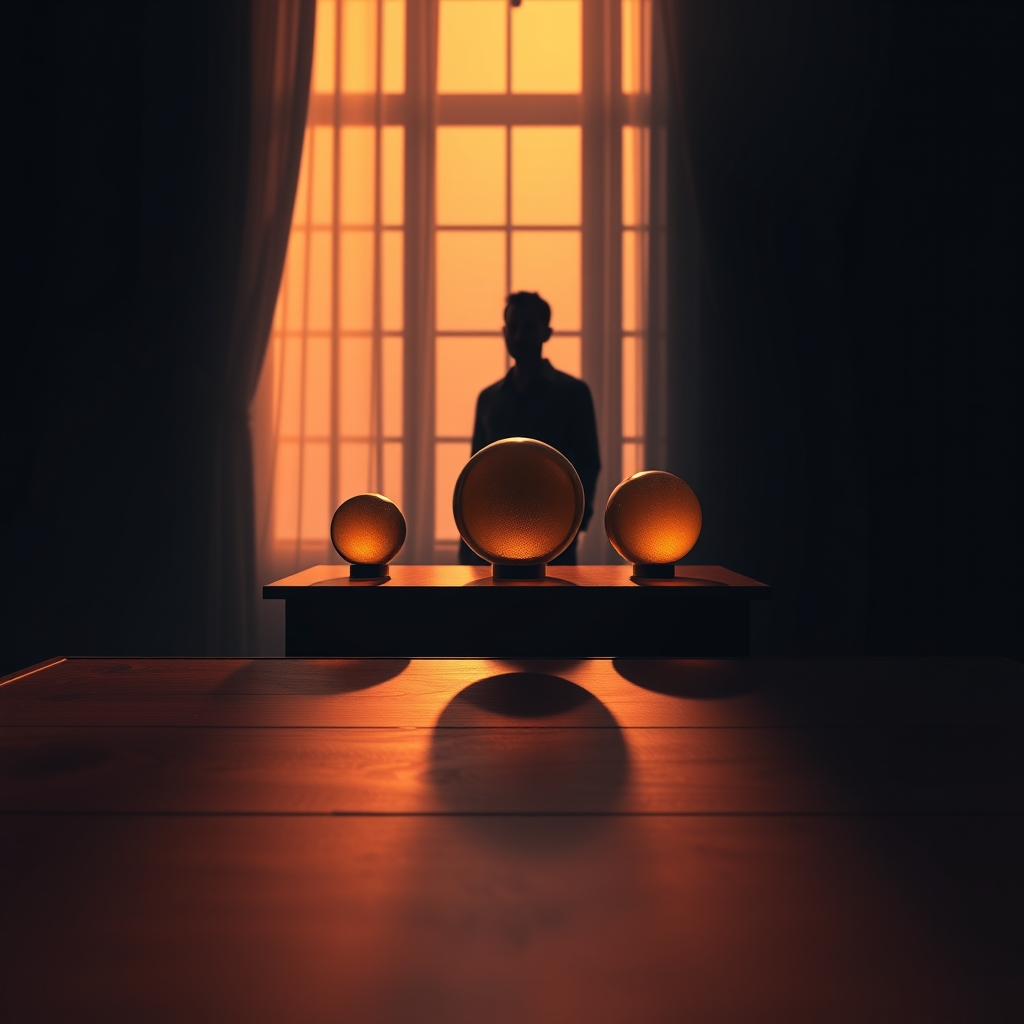 A silhouette stands at a desk in a dark room with three glowing glass spheres resting on the wooden surface.
