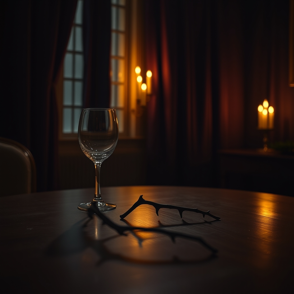 A crystal wine glass sits on a dark wooden table in a dimly lit room, casting a long, distorted, thorn-like shadow.