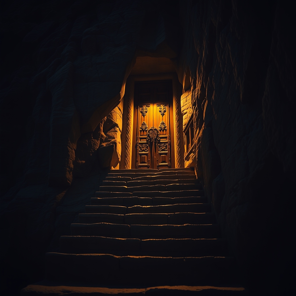 A stone staircase leads to a weathered wooden door set into a cliffside at dusk, illuminated by a warm golden glow.