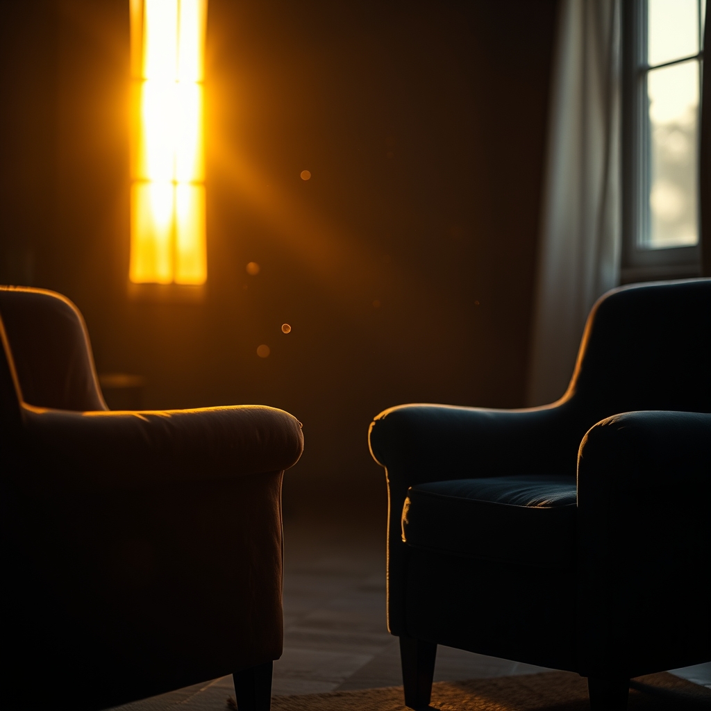 Two empty velvet armchairs in deep indigo and terracotta hues sit in a room softly lit by golden sunset light.