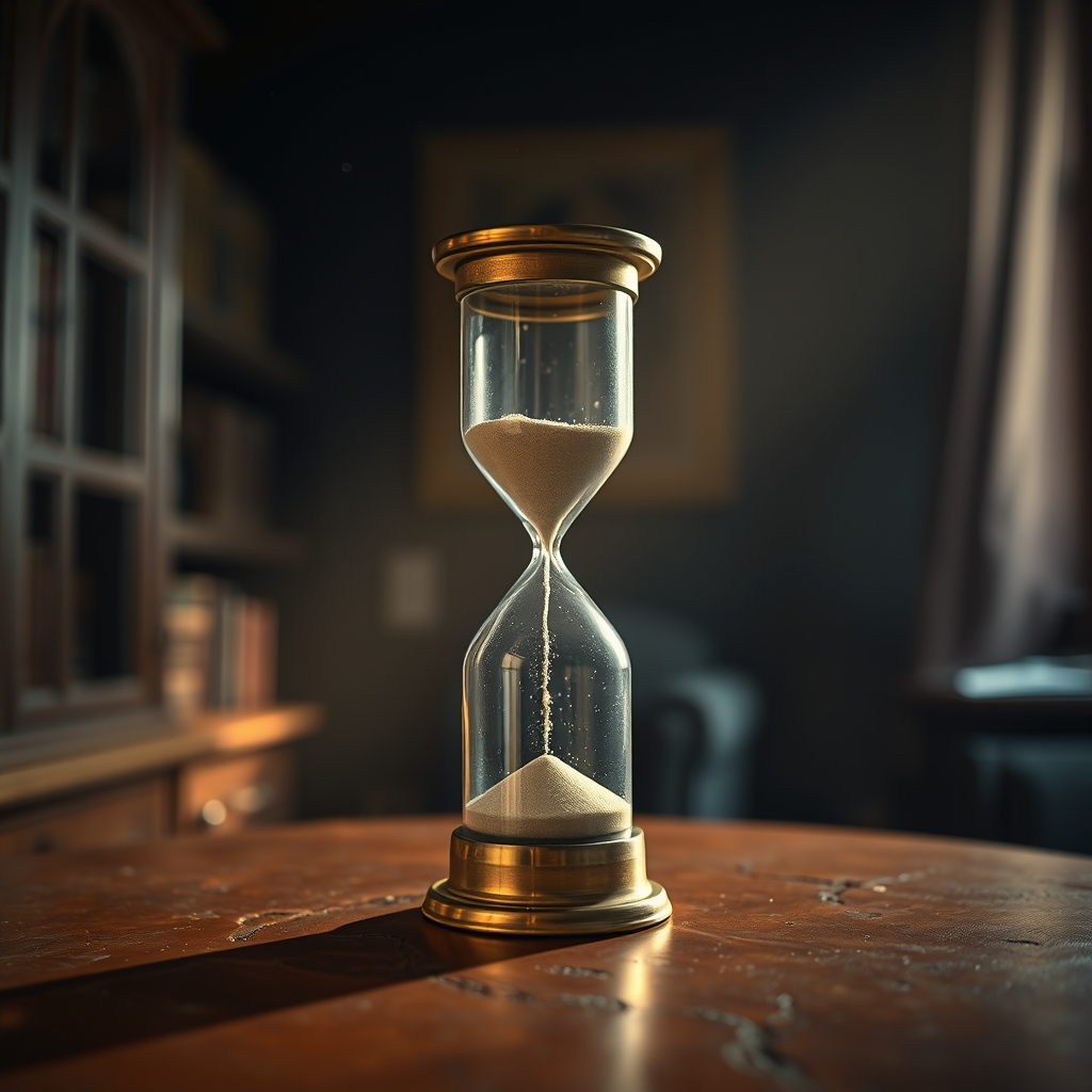 A brass hourglass sits on a terracotta surface with golden sand suspended in mid-air under a beam of warm light.