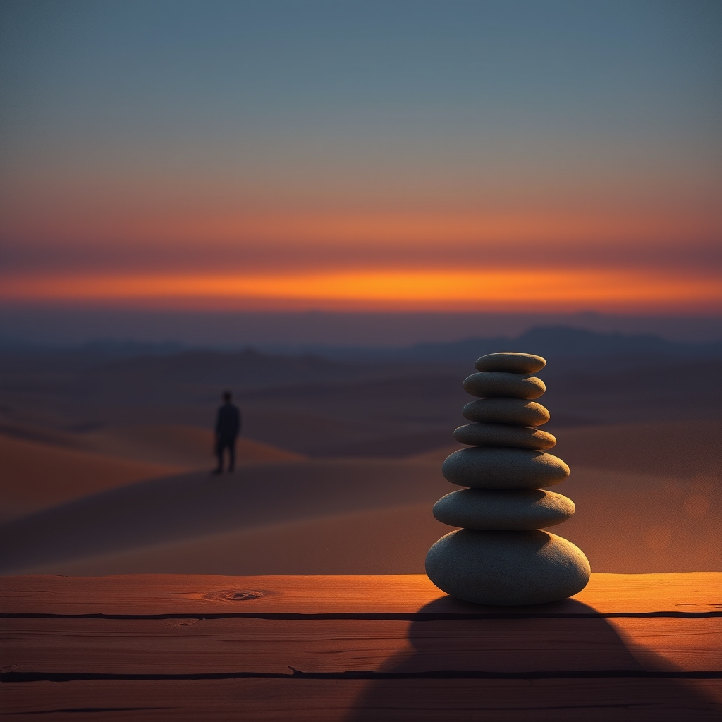 A person's silhouette stands in a desert at dusk, looking toward a stack of balanced stones on a wooden table.