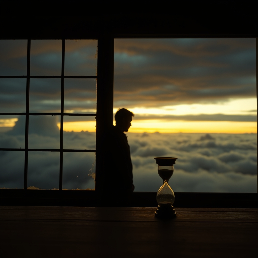 A person's silhouette stands by a window at sunset, watching swirling indigo and terracotta clouds in the sky.