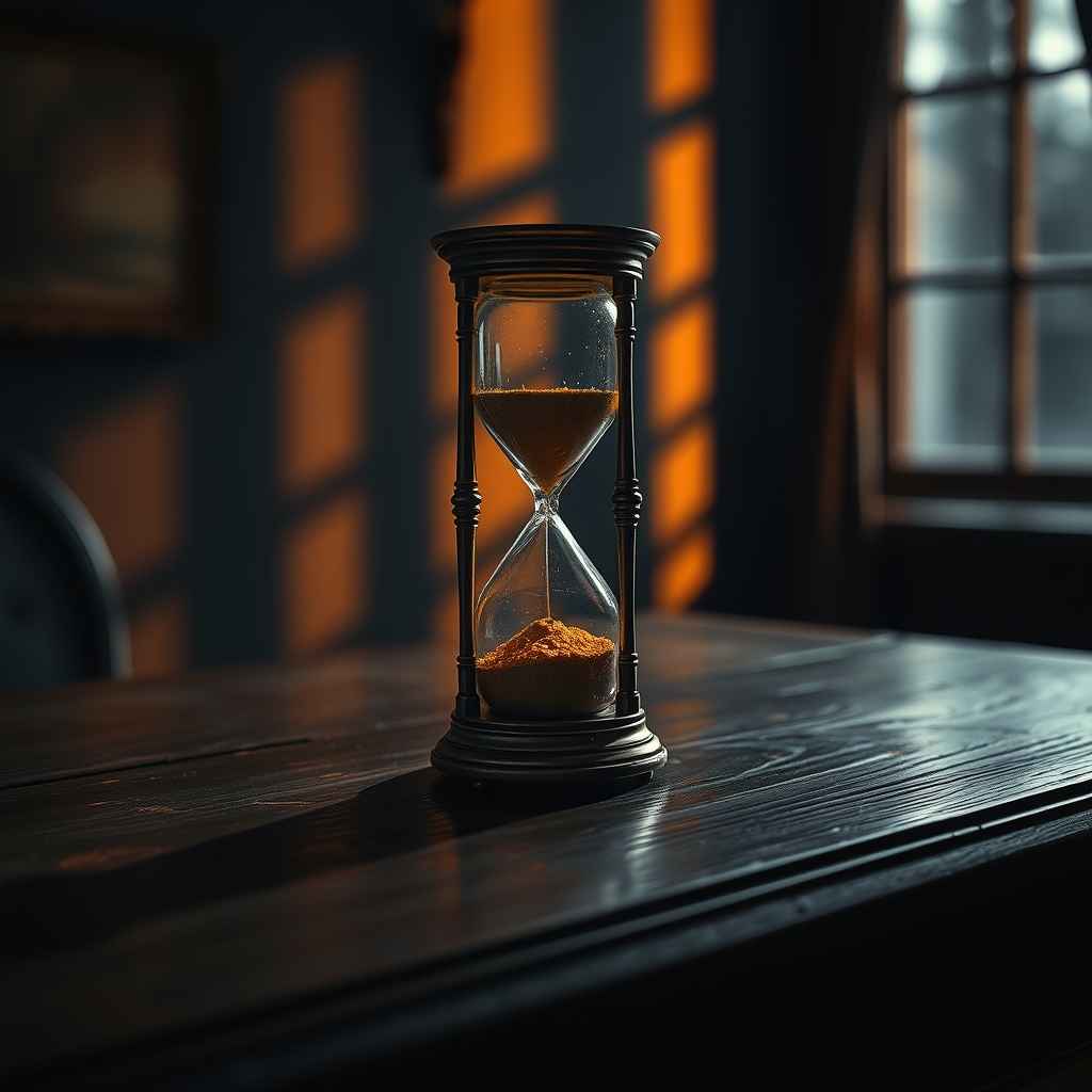 An ornate hourglass with glowing golden sand sits on a dark wooden table in a room filled with warm, dusky light.