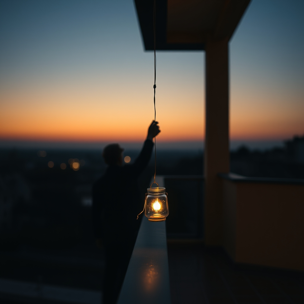 A person stands on a balcony at dusk, holding a glowing lantern that is floating away on a thin, fraying string.
