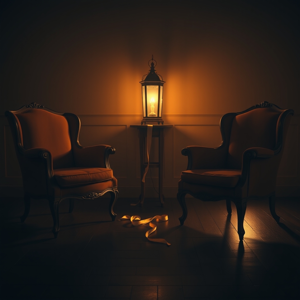 Two vintage armchairs face each other in a dimly lit room with a glowing lantern and a tangled silk ribbon on the floor.