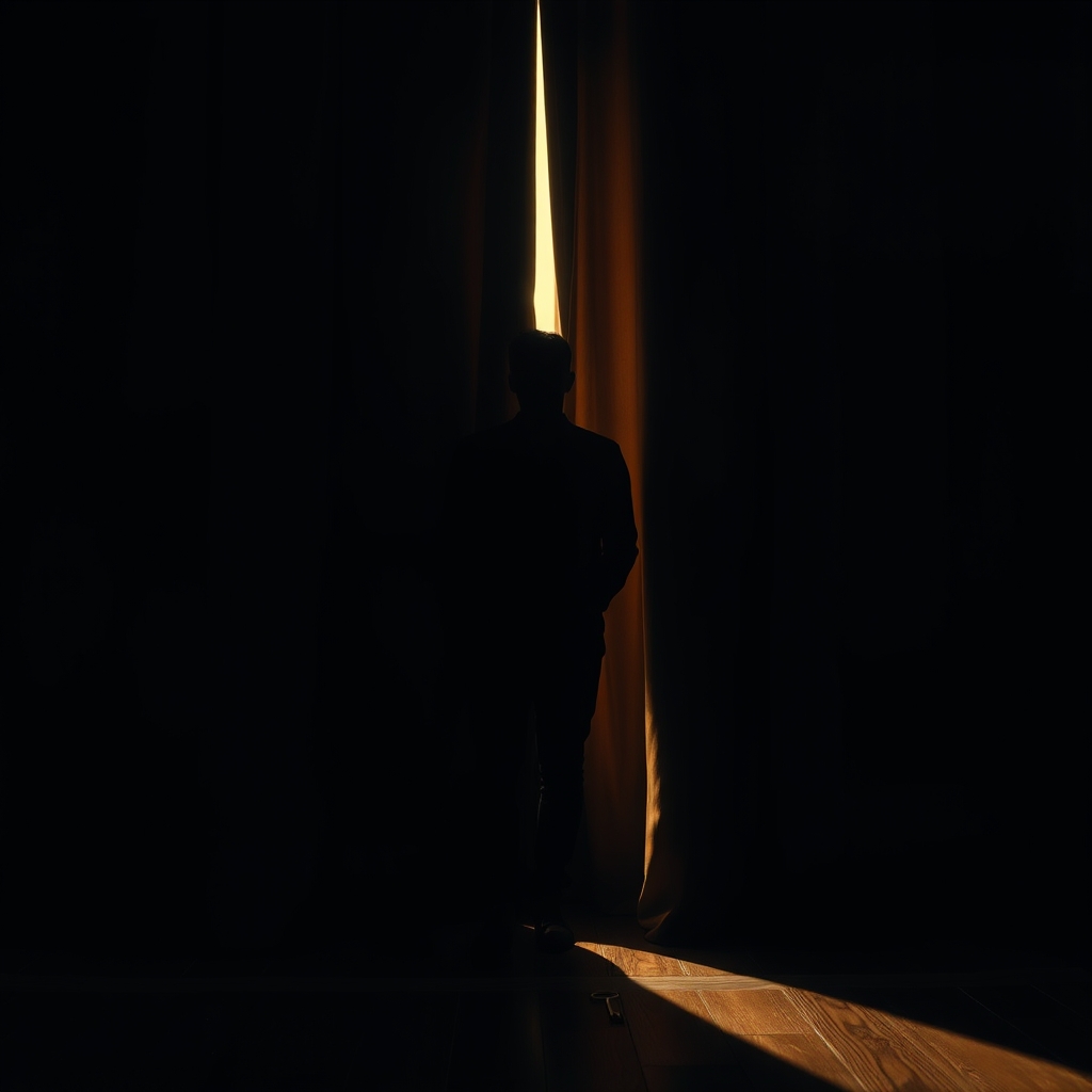 A dark silhouette stands before a draped velvet curtain in a room filled with warm, golden light and deep shadows.