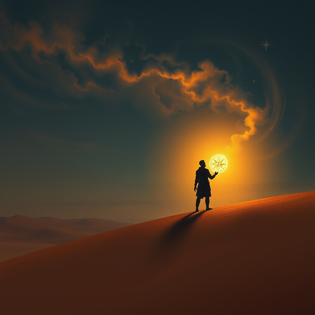 A silhouetted person stands on a sand dune at twilight holding a glowing compass under a starry, painted sky.