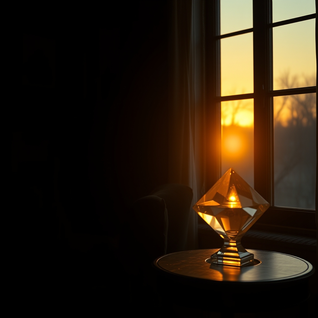 A person sits in a dim room near a window where golden sunset light hits a glass prism on a wooden side table.
