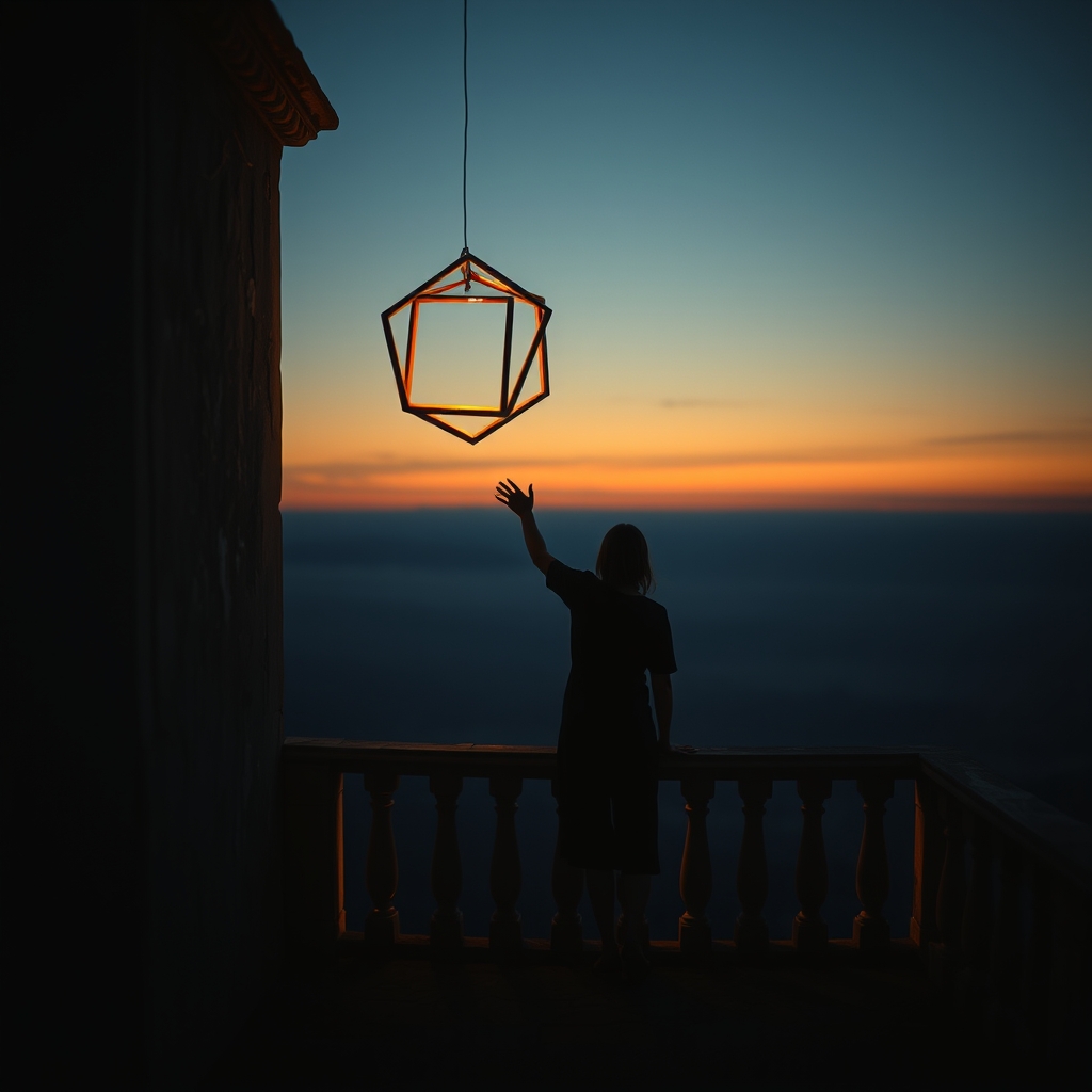 A silhouette of a person on a stone balcony reaching toward a glowing geometric object floating in the twilight.