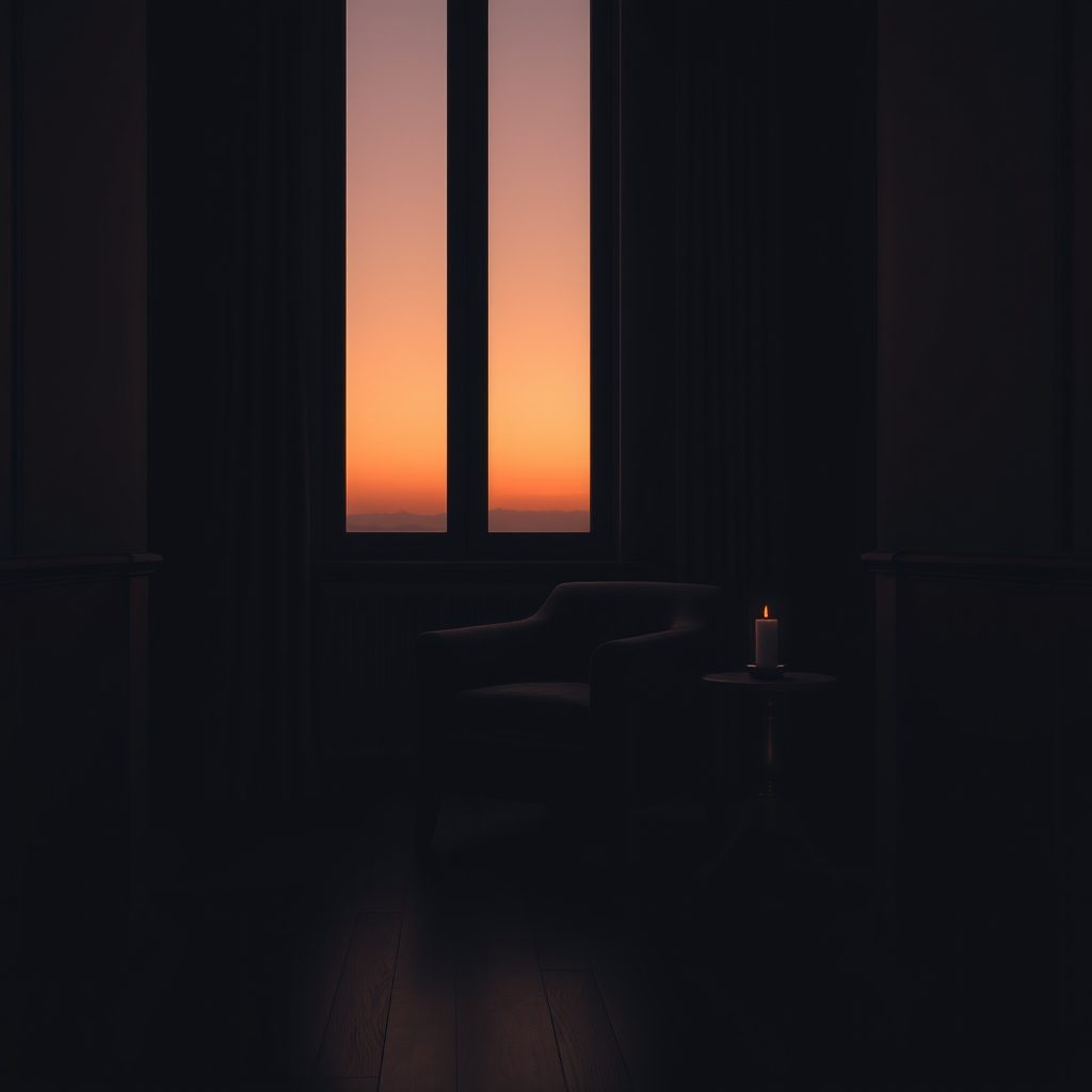 An empty velvet armchair sits in a dimly lit room by a large window at sunset, with long shadows across the floor.