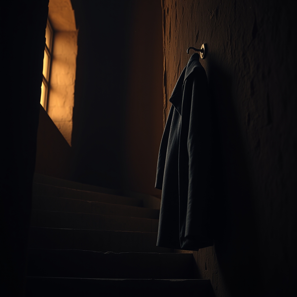 A heavy wool coat hangs on a brass hook against a textured terracotta wall next to a stone staircase at dusk.