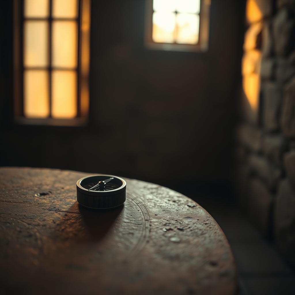 A vintage wooden compass with a spinning needle rests on a terracotta surface in a dimly lit, golden-hued room.