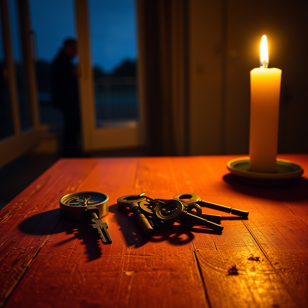 A brass compass, a stack of keys, and a lit candle sit on a wooden table in a dimly lit room at twilight.