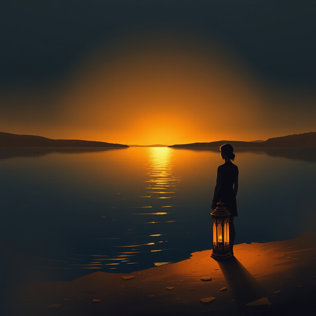 A dark silhouette stands by a calm lake at dusk, illuminated by the warm, soft glow of an ornate glass lantern.