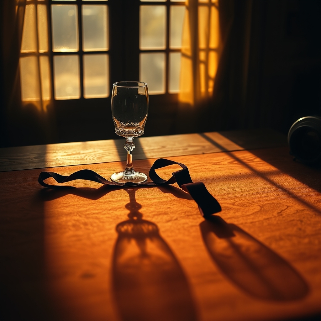 Two empty, mismatched glass cups sit on a dark terracotta tablecloth, illuminated by soft golden light.