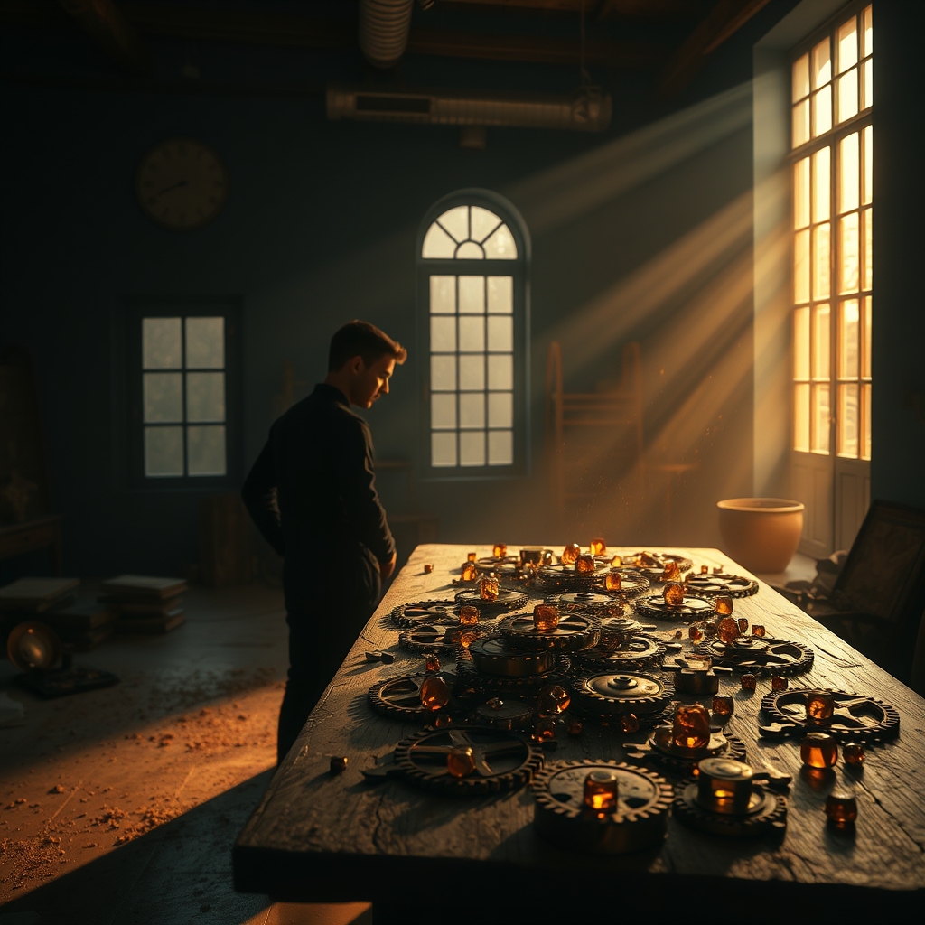 A person stands at a wooden table covered in scattered brass puzzle pieces and glowing crystals in a dim room.