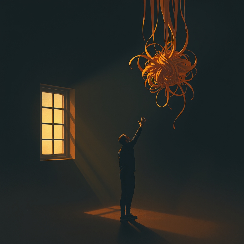 A silhouette of a person reaching toward a glowing, tangled knot of golden silk threads in a dimly lit room.