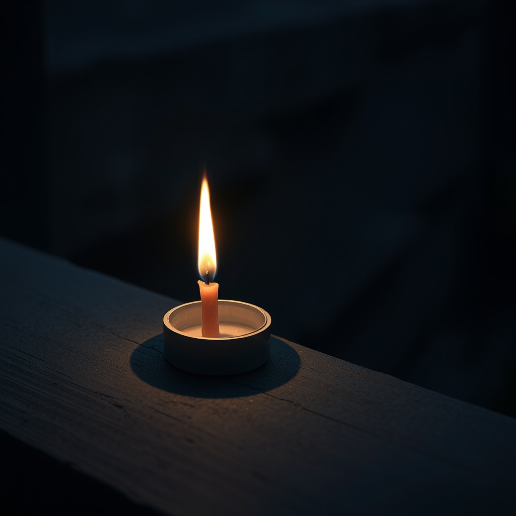 A dying candle flame on a stone ledge at dusk, casting a long shadow against a dark, out-of-focus background.