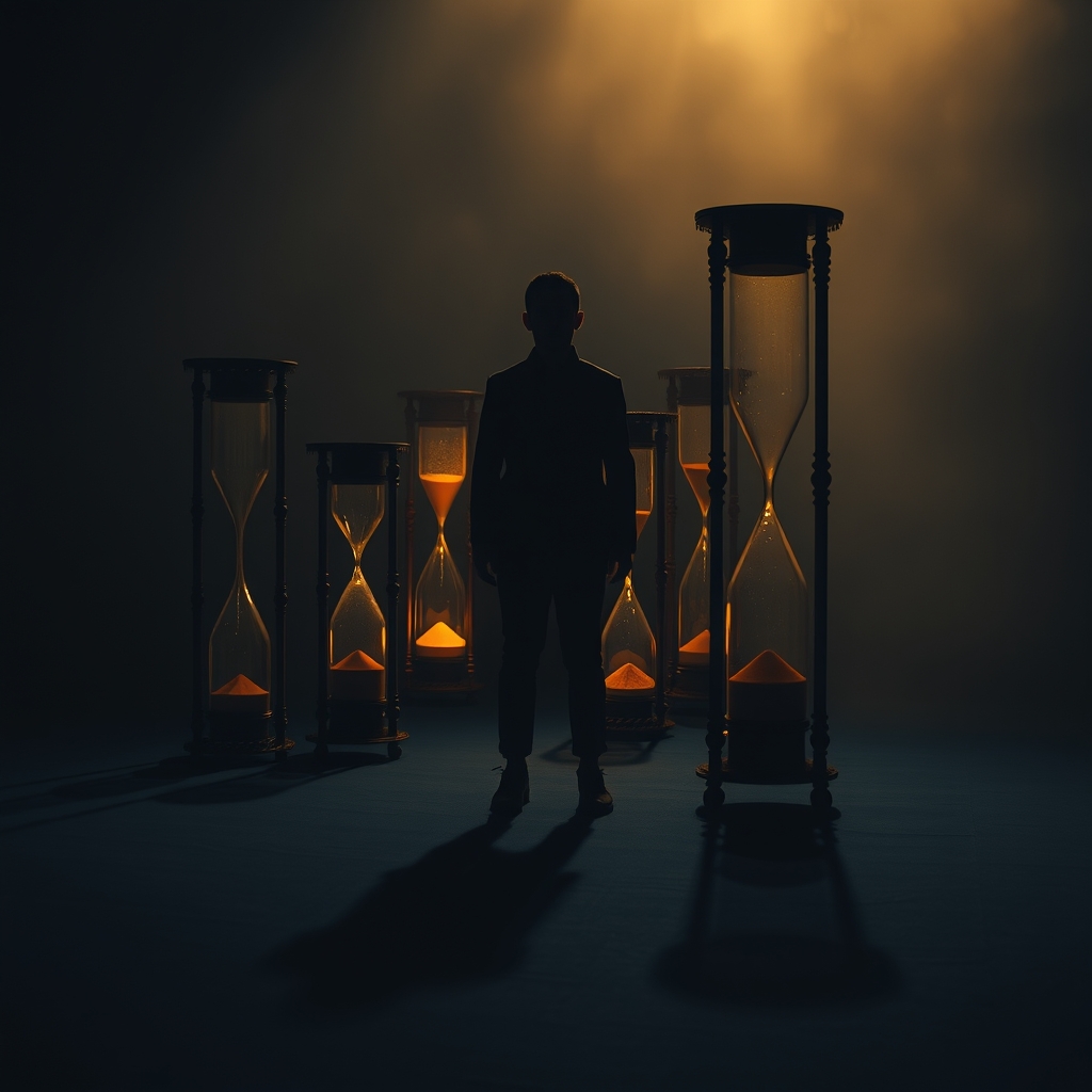 A person's silhouette stands in a dark room filled with several glowing hourglasses that cast warm light.