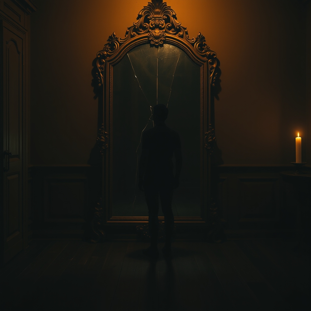 A person stands before a cracked antique mirror in a dimly lit room, with their reflection appearing distorted.