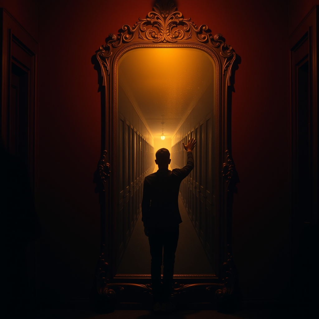 A silhouette of a person stands before an ornate mirror reflecting a long, repeating hallway of closed wooden doors.