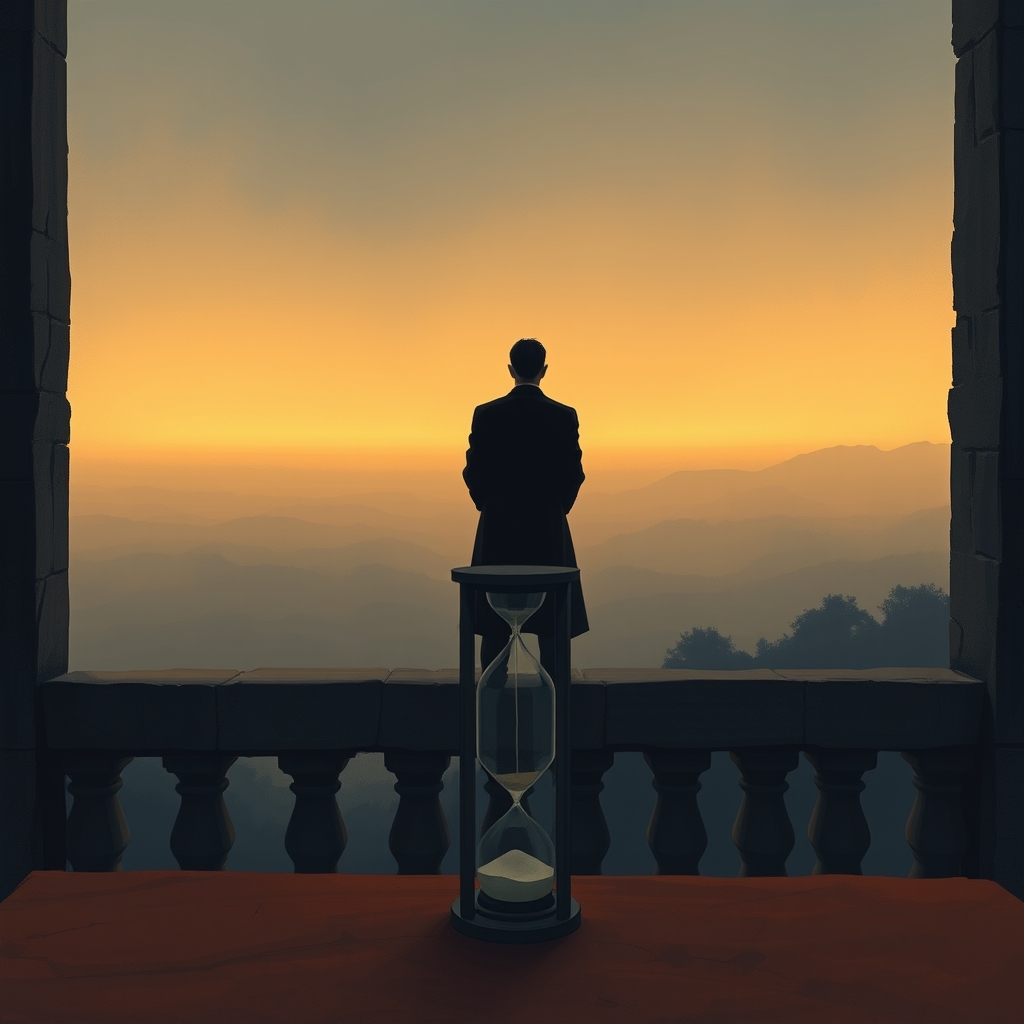 A silhouette of a person standing on a balcony at dusk, looking toward a horizon with an hourglass in the foreground.
