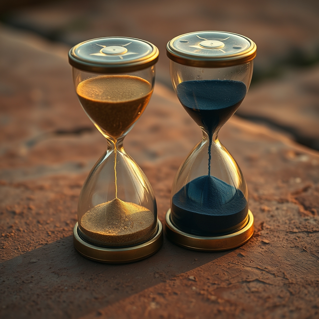 Two glass hourglasses with gold and indigo sand sit on a stone surface against a dark, warm-toned background.