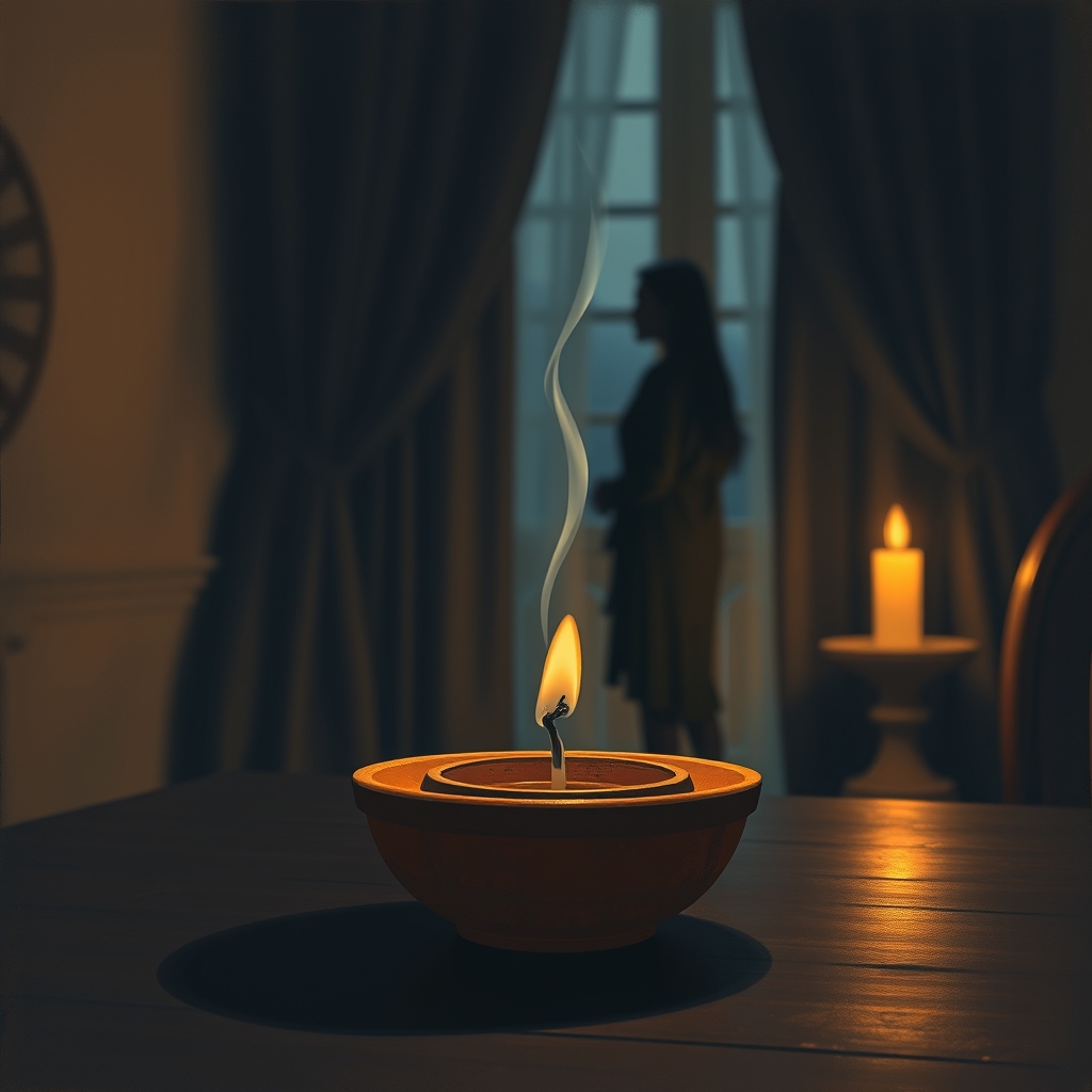 A dying candle flame emits a wisp of smoke on a table, with a blurred silhouette of a person in the background.