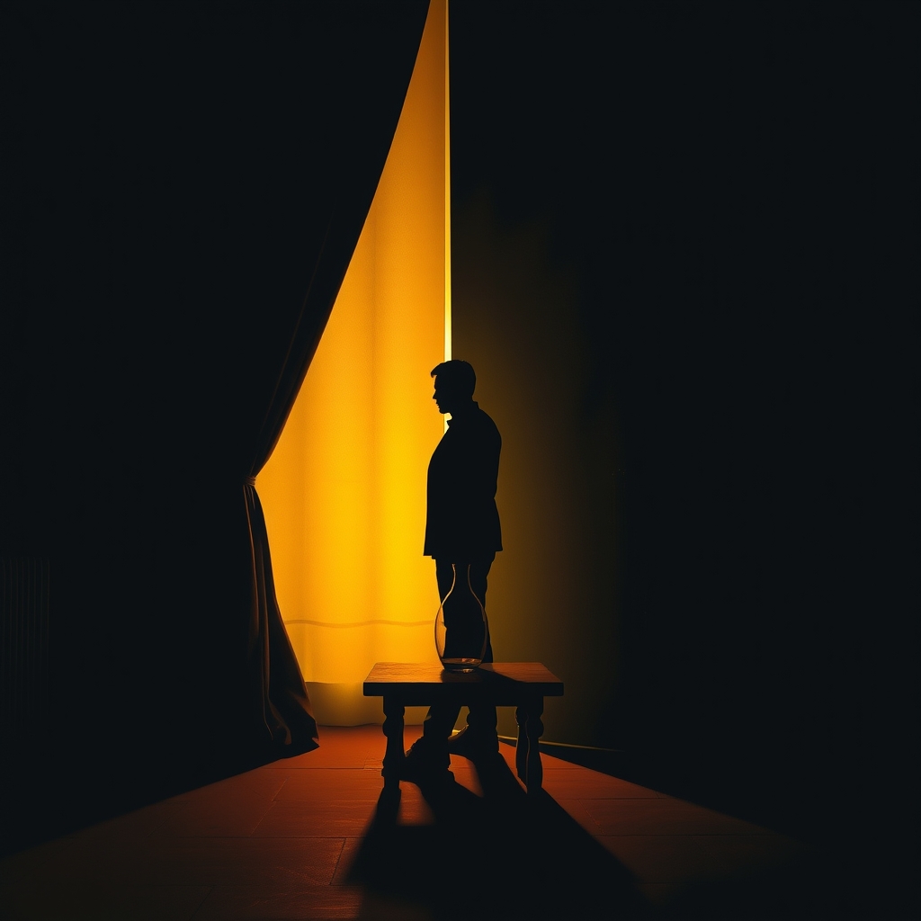 A silhouette stands near a parted velvet curtain in a dimly lit room with a single glass vase on a wooden table.