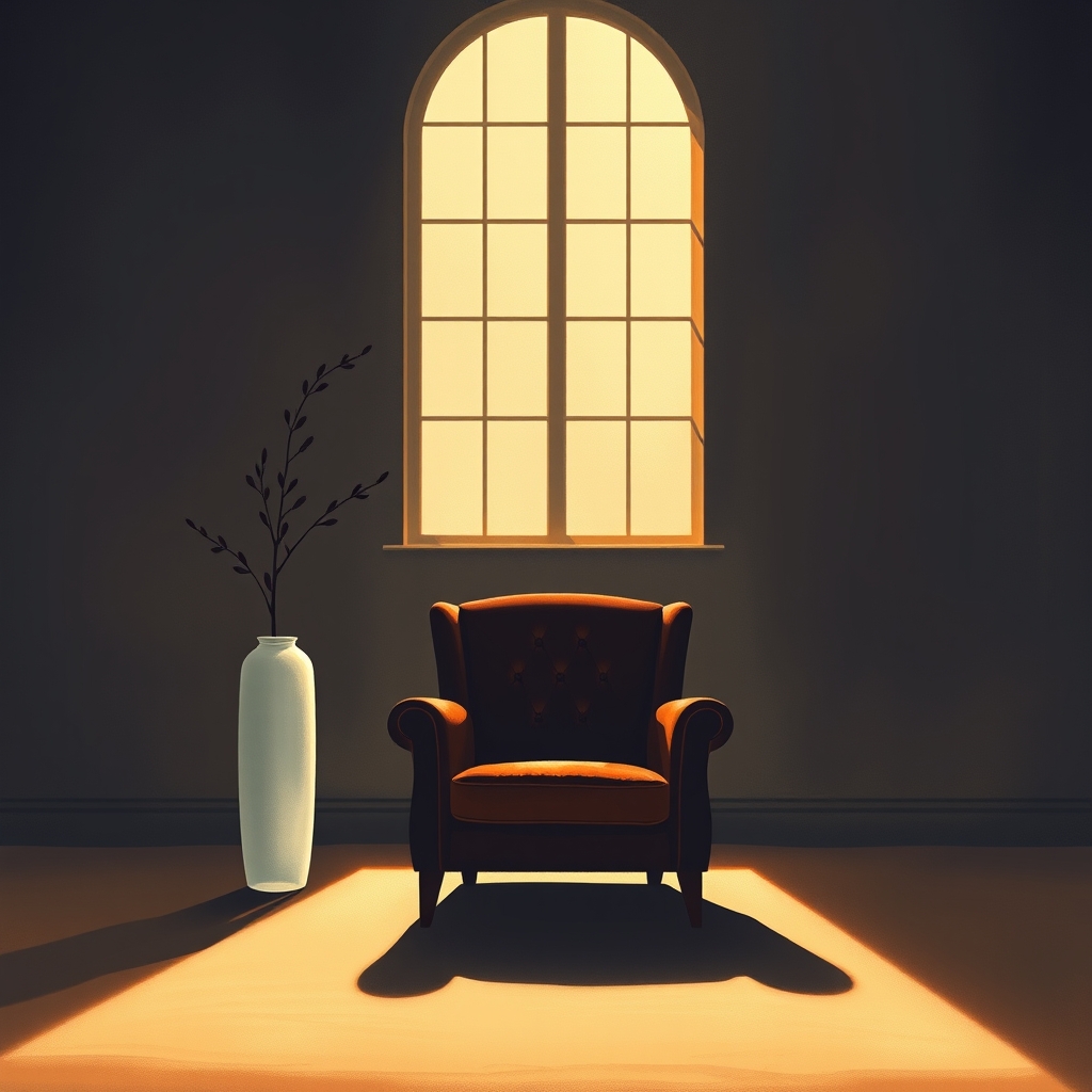 An empty velvet armchair sits in a dimly lit room with a single withered branch in a vase casting long shadows.