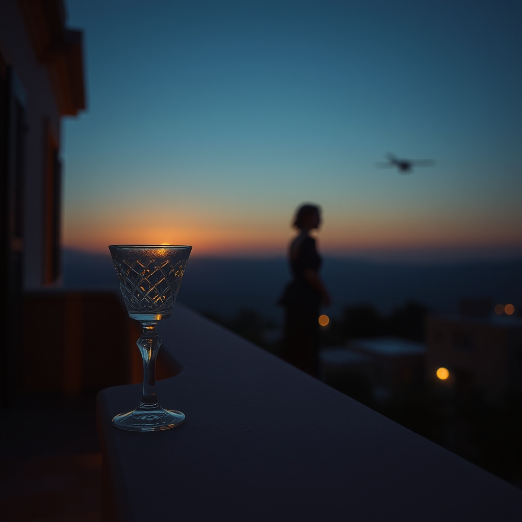A silhouette stands on a balcony at dusk next to a crystal glass, set against a deep indigo and gold sunset.