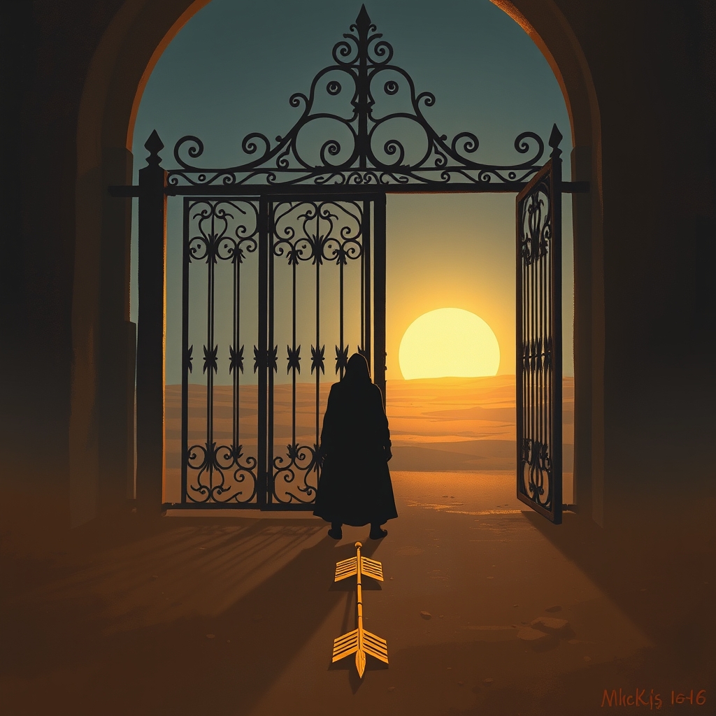 A silhouette stands before an open iron gate leading to a glowing desert at dusk, with a broken arrow on the ground.