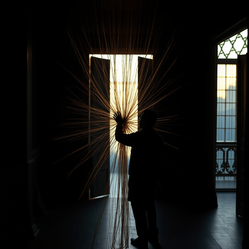 A silhouetted person stands in a dark room, facing a doorway blocked by a dense, tangled web of golden threads.